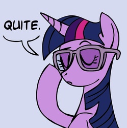 Size: 942x945 | Tagged: source needed, safe, artist:megasweet, twilight sparkle, pony, unicorn, g4, blue background, dialogue, eyes closed, female, glasses, mare, palindrome get, photoshop, quite, simple background, solo