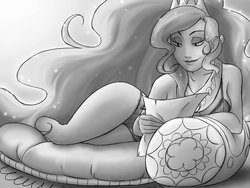 Size: 1600x1200 | Tagged: safe, artist:thelivingmachine02, princess celestia, human, g4, bra, breasts, clothes, female, frilly underwear, gimp, gray background, grayscale, humanized, monochrome, on side, panties, reading, simple background, solo, tiara, underwear