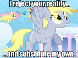 Size: 430x320 | Tagged: safe, edit, edited screencap, screencap, derpy hooves, fluttershy, rainbow dash, pegasus, pony, g4, sonic rainboom (episode), adam savage, cloudsdale, female, i reject your reality and substitute my own, image macro, mare, meme, mythbusters, text, the dungeonmaster
