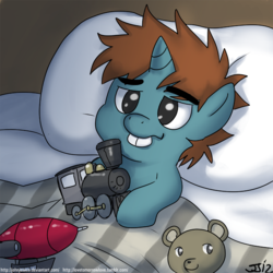 Size: 900x900 | Tagged: safe, artist:johnjoseco, snips, pony, unicorn, g4, bucktooth, colt, cute, diasnips, foal, lying on bed, male, morning ponies, solo, train, zeppelin