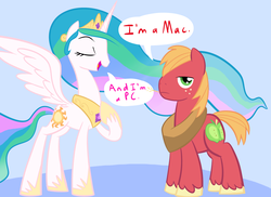 Size: 2338x1700 | Tagged: safe, artist:tess, big macintosh, princess celestia, alicorn, earth pony, pony, g4, big macintosh's yoke, blue background, crown, dialogue, duo, english, eyes closed, female, frown, funny, horse collar, jewelry, looking at you, mac ad parody, macintosh (computer), male, mare, name pun, open mouth, pc, pun, raised hoof, regalia, serious, serious face, simple background, smiling, speech bubble, spread wings, stallion, unamused, unshorn fetlocks