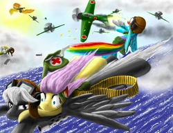 Size: 3000x2300 | Tagged: dead source, safe, artist:laaseensld, derpy hooves, fluttershy, rainbow dash, soarin', spitfire, oc, unnamed oc, pegasus, pony, g4, ammo drum, aviator hat, colt m1911, dogfight, dual pistol, dual wield, female, fighter, flying, goggles, gun, hat, high res, japan, mare, medic, medical pony, mitsubishi a6m zero, photoshop, plane, submachinegun, war, weapon
