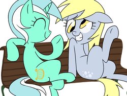 Size: 1024x768 | Tagged: safe, artist:thelivingmachine02, derpy hooves, lyra heartstrings, pegasus, pony, unicorn, g4, bench, cute, female, gimp, mare, palindrome get, simple background, sitting, sitting lyra, underhoof, white background