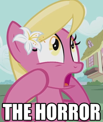 Size: 431x509 | Tagged: safe, edit, edited screencap, screencap, lily, lily valley, earth pony, pony, bridle gossip, g4, season 1, background pony, dialogue, female, flower, flower in hair, image macro, lily (flower), mare, meme, open mouth, reaction image, solo, text, the horror