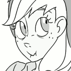 Size: 300x300 | Tagged: safe, artist:thelivingmachine02, applejack, human, g4, animated, female, freckles, gif, gimp, hat, humanized, liar face, liarjack, monochrome, scrunchy face, shifty eyes, simple background, solo, white background