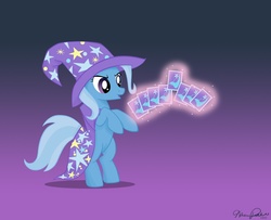 Size: 1000x811 | Tagged: dead source, safe, artist:glittering-pony, trixie, pony, unicorn, g4, card, clothes, female, gradient background, hat, levitation, magic, mare, photoshop, rearing, solo, telekinesis, trixie's hat
