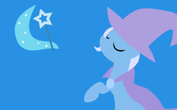 Size: 2400x1500 | Tagged: safe, artist:versilaryan, trixie, pony, unicorn, g4, blue background, cape, clothes, crescent moon, eyes closed, female, hat, lineless, magic wand, mare, minimalist, moon, outline, raised hoof, simple background, sitting, solo, stars, trixie's cape, trixie's hat, wallpaper, wizard hat