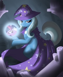 Size: 1227x1500 | Tagged: safe, artist:mirapony, trixie, twilight sparkle, pony, unicorn, g4, acdsee, bedroom eyes, bipedal, book, bookshelf, cape, clothes, crystal ball, duo, duo female, female, frown, glowing, hat, hoof hold, looking at you, mare, sad, smiling, solo focus, trixie's cape, trixie's hat