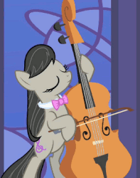 Size: 284x360 | Tagged: safe, screencap, octavia melody, earth pony, pony, g4, season 1, the best night ever, animated, animated screencap, artifact, bipedal, bowtie, cello, cropped, eyes closed, female, gif, hoof hold, mare, musical instrument, octavia's bowtie, smiling, solo, standing