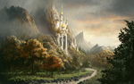 Size: 1280x800 | Tagged: safe, artist:moe, canterlot, castle, cliff, detailed background, forest, mountain range, scenery, sunset, waterfall, widescreen