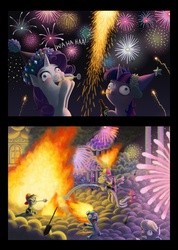 Size: 1600x2244 | Tagged: safe, artist:dalapony, cloud kicker, derpy hooves, rarity, spitfire, twilight sparkle, pegasus, pony, unicorn, 2 panel comic, apple cider, bipedal, blushing, burning, cider, clothes, cloudsdale, clusterfuck, comic, dark comedy, derp, dialogue, drinking, drunk, drunk rarity, drunk twilight, faic, female, fire, fire hose, fire hydrant, firefighter, firefighter derpy hooves, firefighter helmet, fireworks, frown, funny, funny as hell, glass, glass bottle, gritted teeth, happy new year, hat, helmet, hoof hold, male, mane of fire, mane on fire, mare, marshmallow, match, messy mane, mouth hold, new year, on fire, open mouth, party hat, reality ensues, running, scared, scenery, scenery porn, scrunchy face, smiling, stallion, unamused, uniform, wahaha, wat, water, wide eyes, wine glass, wonderbolts, wonderbolts uniform