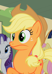 Size: 446x627 | Tagged: safe, screencap, applejack, fluttershy, rarity, earth pony, pegasus, pony, unicorn, g4, over a barrel, season 1, applejack is best facemaker, applejack's hat, cowboy hat, cropped, faic, female, freckles, frown, hat, mare, offscreen character, one of the first, raised hoof, reaction image, solo focus, stetson, surprised, tied mane, wide eyes
