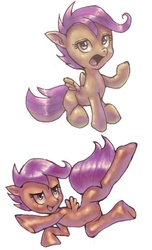 Size: 487x800 | Tagged: safe, artist:conoghi, scootaloo, pegasus, pony, g4, action pose, belly button, blank flank, female, filly, flying, pixiv, scootaloo can fly, simple background, solo, white background