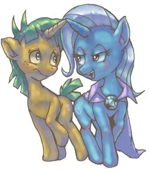Size: 605x704 | Tagged: safe, artist:conoghi, snails, trixie, pony, unicorn, g4, blushing, colt, duo, female, horn, horns are touching, lidded eyes, male, mare, open mouth, pixiv, raised hoof, rarepair, ship:trails, shipping, simple background, smiling, straight, white background