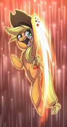 Size: 500x950 | Tagged: safe, artist:uc77, applejack, earth pony, pony, g4, action pose, applejack's hat, cowboy hat, dragon punch, female, hat, mare, open mouth, paint tool sai, shoryuken, smiling, solo