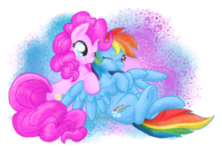 Size: 1053x721 | Tagged: safe, artist:dawnallies, pinkie pie, rainbow dash, earth pony, pegasus, pony, g4, abstract background, adobe imageready, cute, dashabetes, diapinkes, duo, female, lesbian, mare, on back, one eye closed, ship:pinkiedash, shipping, simple background, smiling, spread wings, transparent background, underhoof, wink