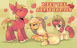 Size: 2169x1372 | Tagged: dead source, safe, artist:suikuzu, apple bloom, applejack, big macintosh, earth pony, pony, accessory swap, adobe imageready, apple, apple bloom's bow, apple siblings, apple sisters, applejack is not amused, applejack's hat, big macintosh's yoke, bow, eyes closed, family, female, filly, floppy ears, foal, get, hair bow, hat, horse collar, index get, looking at you, male, mare, siblings, sisters, sitting, smiling, stallion, straw in mouth, sweat, sweatdrop, trio, unamused, unshorn fetlocks