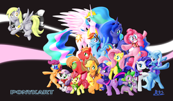 Size: 2183x1276 | Tagged: safe, artist:blue-paint-sea, apple bloom, applejack, big macintosh, derpy hooves, fluttershy, pinkie pie, princess celestia, princess luna, rainbow dash, rarity, scootaloo, spike, sweetie belle, trixie, twilight sparkle, alicorn, dragon, earth pony, pegasus, pony, unicorn, g4, apple siblings, apple sisters, brother and sister, checkered flag, cutie mark crusaders, female, filly, goggles, male, mane seven, mane six, mare, one eye closed, open mouth, photoshop, ponykart, royal sisters, siblings, sisters, smiling, stallion, unicorn twilight, wallpaper, wink