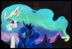 Size: 3475x2350 | Tagged: safe, artist:kaphrin, princess celestia, princess luna, alicorn, pony, g4, big sislestia, duo, eye contact, female, high res, mare, open mouth, photoshop, royal sisters, signature, sisters, size difference, smiling, stars