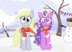 Size: 687x497 | Tagged: safe, artist:salkridgh, derpy hooves, screwball, earth pony, pegasus, pony, g4, clothes, duo, female, mare, muffin, open mouth, paint tool sai, scarf, shared clothing, shared scarf, smiling, snow, snowfall, snowman, winter