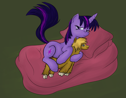Size: 3000x2335 | Tagged: dead source, safe, artist:rankao, twilight sparkle, pony, unicorn, g4, bed, bedroom eyes, female, green background, high res, mare, plushie, simple background, solo, unicorn twilight, unshorn fetlocks