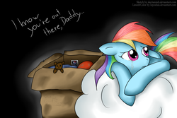 Size: 900x600 | Tagged: safe, artist:darrianmh, artist:kiyoshiii, rainbow dash, pegasus, pony, fanfic:my little dashie, g4, box, cardboard box, cloud, crying, fanfic art, female, hooves, lying on a cloud, mare, on a cloud, prone, sad, solo, tears of sadness, teddy bear