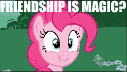 Size: 250x143 | Tagged: safe, edit, edited screencap, screencap, pinkie pie, earth pony, pony, baby cakes, g4, season 2, all new, animated, caption, eye shimmer, female, frown, gif, gif for breezies, hub logo, image macro, looking at you, mare, meme, open mouth, picture for breezies, reaction image, smiling, solo, text