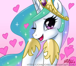 Size: 800x695 | Tagged: safe, artist:johnjoseco, princess celestia, alicorn, pony, g4, blushing, bust, cute, cutelestia, ear fluff, female, heart, looking at you, mare, one eye closed, open mouth, photoshop, portrait, pretty princess, princess, signature, solo, wink