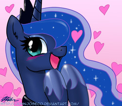 Size: 800x695 | Tagged: safe, artist:johnjoseco, princess luna, alicorn, pony, g4, blushing, bust, cute, ear fluff, female, happy, heart, looking at you, lunabetes, mare, open mouth, photoshop, portrait, pretty princess, signature, smiling, solo