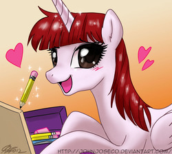 Size: 900x807 | Tagged: safe, artist:johnjoseco, oc, oc only, oc:fausticorn, alicorn, pony, g4, blushing, cute, ear fluff, eraser, faustabetes, female, gradient background, happy, heart, lauren faust, looking at you, magic, mare, ocbetes, open mouth, pen, pencil, photoshop, ponified, pretty princess, signature, smiling, solo, telekinesis