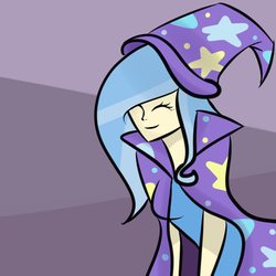 Size: 1200x1200 | Tagged: dead source, safe, artist:askhumantrixie, artist:sirensy, trixie, human, g4, abstract background, cape, clothes, female, hat, humanized, light skin, smiling, solo, trixie's cape, trixie's hat