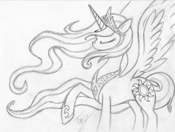 Size: 3116x2358 | Tagged: dead source, safe, artist:bronyfang, princess celestia, alicorn, pony, g4, eyes closed, female, grayscale, high res, mare, monochrome, raised hoof, sketch, solo, spread wings, traditional art, wings