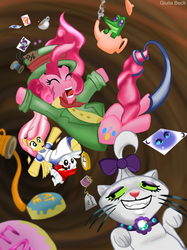 Size: 800x1070 | Tagged: safe, artist:giuliabeck, angel bunny, fluttershy, gummy, opalescence, pinkie pie, rarity, alligator, cat, earth pony, pegasus, pony, reptile, g4, alice in wonderland, card, clothes, crossover, eyes closed, falling, female, hat, mare, parody, pet, photoshop