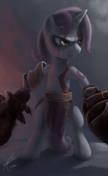 Size: 1345x2187 | Tagged: safe, artist:grissaecrim, sweetie belle, pony, unicorn, g4, badass, bipedal, crossover, female, god of war, kratos, mare, paint tool sai, solo