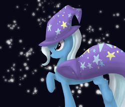 Size: 2000x1700 | Tagged: dead source, safe, artist:whilly, trixie, pony, unicorn, g4, angry, cape, clothes, female, hat, mare, raised hoof, solo, trixie's cape, trixie's hat