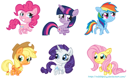 Size: 1145x704 | Tagged: safe, artist:mikibipony, applejack, fluttershy, pinkie pie, rainbow dash, rarity, twilight sparkle, earth pony, pegasus, pony, unicorn, g4, chibi, female, mane six, mare, raised hoof, simple background, unicorn twilight, white background