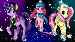 Size: 1920x1080 | Tagged: safe, artist:musapan, fluttershy, pinkie pie, twilight sparkle, earth pony, pegasus, pony, unicorn, g4, clothes, female, mare, photoshop, scarf, smiling, unicorn twilight, unshorn fetlocks, wallpaper, winter