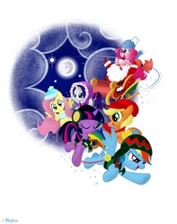 Size: 1024x1302 | Tagged: safe, artist:olegsavoskin, applejack, fluttershy, pinkie pie, rainbow dash, rarity, twilight sparkle, earth pony, human, pegasus, pony, unicorn, g4, christmas, clothes, earmuffs, female, flying, hat, mane six, mare, mare in the moon, moon, santa claus, scarf, sleigh, spread wings, unicorn twilight, wings