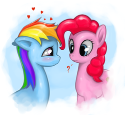 Size: 1272x1165 | Tagged: dead source, safe, artist:shephardadv, pinkie pie, rainbow dash, earth pony, pegasus, pony, g4, blushing, duo, female, heart, lesbian, looking at each other, mare, question mark, ship:pinkiedash, shipping