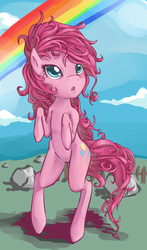 Size: 697x1183 | Tagged: dead source, safe, artist:rustystones, pinkie pie, earth pony, pony, g4, bipedal, female, filly, foal, looking up, open mouth, rainbow, rock farm, solo, sonic rainboom