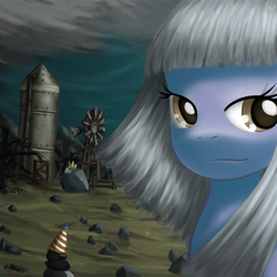 Size: 800x800 | Tagged: safe, artist:saturnspace, limestone pie, rocky, tom, earth pony, pony, g4, bust, description in comments, farm, female, looking at you, mare, photoshop, portrait, rock, rock farm, smiling, windmill, windswept mane