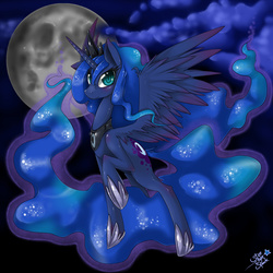 Size: 1500x1500 | Tagged: dead source, safe, artist:starlightspark, princess luna, alicorn, pony, g4, black background, crown, female, flying, full moon, happy, hoof shoes, jewelry, looking at you, mare, moon, paint tool sai, peytral, raised hoof, regalia, simple background, smiling, solo, spread wings, tiara, wings