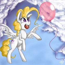 Size: 800x800 | Tagged: dead source, safe, artist:starlightspark, surprise, pegasus, pony, g1, g4, adoraprise, balloon, cloud, cloudy, cute, female, flying, g1 to g4, generation leap, mare, open mouth, open smile, paint tool sai, sky, smiling, solo, spread wings, surprise being surprise, that pony sure does love balloons, wings