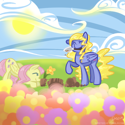 Size: 800x800 | Tagged: dead source, safe, artist:steeve, fluttershy, lily blossom, pegasus, pony, g4, duo, duo female, eyes closed, female, flower, gardening, happy, mare, mouth hold, smiling