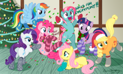 Size: 995x599 | Tagged: safe, artist:brianblackberry, applejack, fluttershy, minty, pinkie pie, rainbow dash, rarity, twilight sparkle, earth pony, pegasus, pony, unicorn, a very minty christmas, g3, g4, adobe imageready, bipedal, butt, christmas, clothes, female, first minty post on derpibooru, g3 to g4, generation leap, hat, hilarious in hindsight, holiday, mane six, mare, plot, santa hat, scarf, socks, striped socks, that pony sure does love socks, unicorn twilight