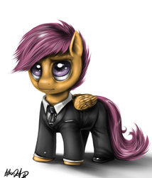 Size: 1000x1166 | Tagged: safe, artist:aphexangel, scootaloo, pegasus, pony, g4, business suit, businessmare, clothes, female, filly, simple background, solo, suit, suitaloo, white background