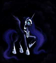 Size: 1071x1200 | Tagged: dead source, safe, artist:nyarmarr, nightmare moon, alicorn, pony, g4, female, mare, raised hoof, solo
