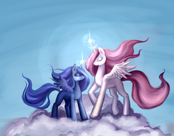 Size: 1200x934 | Tagged: dead source, safe, artist:nyarmarr, princess celestia, princess luna, alicorn, pony, g4, blank flank, cloud, duo, duo female, eyes closed, female, hooves, horn, magic, mare, on a cloud, pink-mane celestia, royal sisters, siblings, sisters, spread wings, standing on a cloud, wings, young celestia, young luna, younger