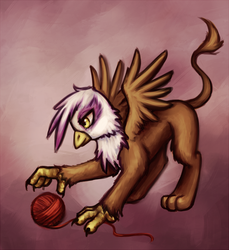Size: 823x900 | Tagged: dead source, safe, artist:nyarmarr, gilda, griffon, g4, abstract background, behaving like a cat, catbird, female, griffons doing cat things, solo, yarn ball