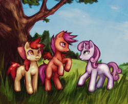Size: 1200x981 | Tagged: dead source, safe, artist:nyarmarr, apple bloom, scootaloo, sweetie belle, earth pony, pegasus, pony, unicorn, g4, cutie mark crusaders, female, filly, grass, rearing, tree